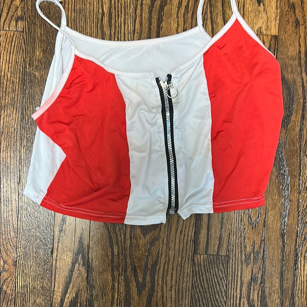 Red and White Zip-Up Crop Top